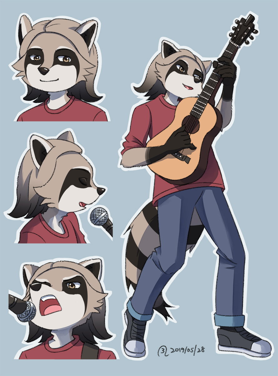 Character reference sheet of an anthropomorphic male raccoon posing with an acoustic guitar.
