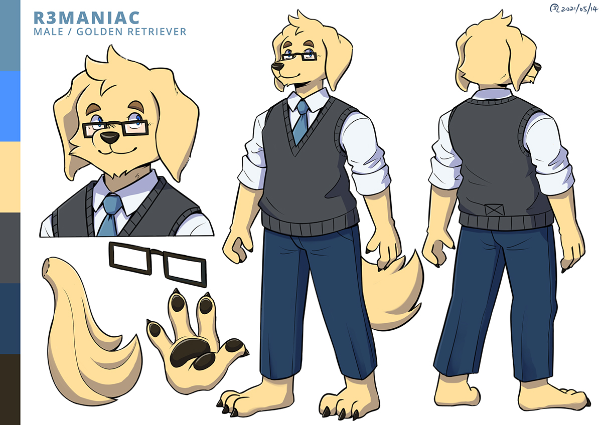 Character reference sheet of an anthropomorphic male golden retriever, serving as R3MANIAC&rsquo;s furry personification.