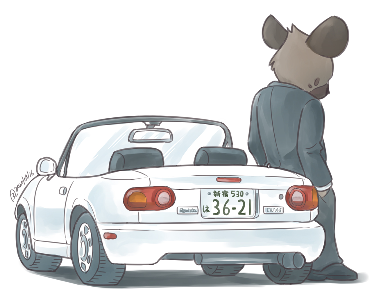 Haida, an anthropomorphic character featured in Sanrio&rsquo;s Aggretsuko, is standing beside a white Mazda MX-5 NA.