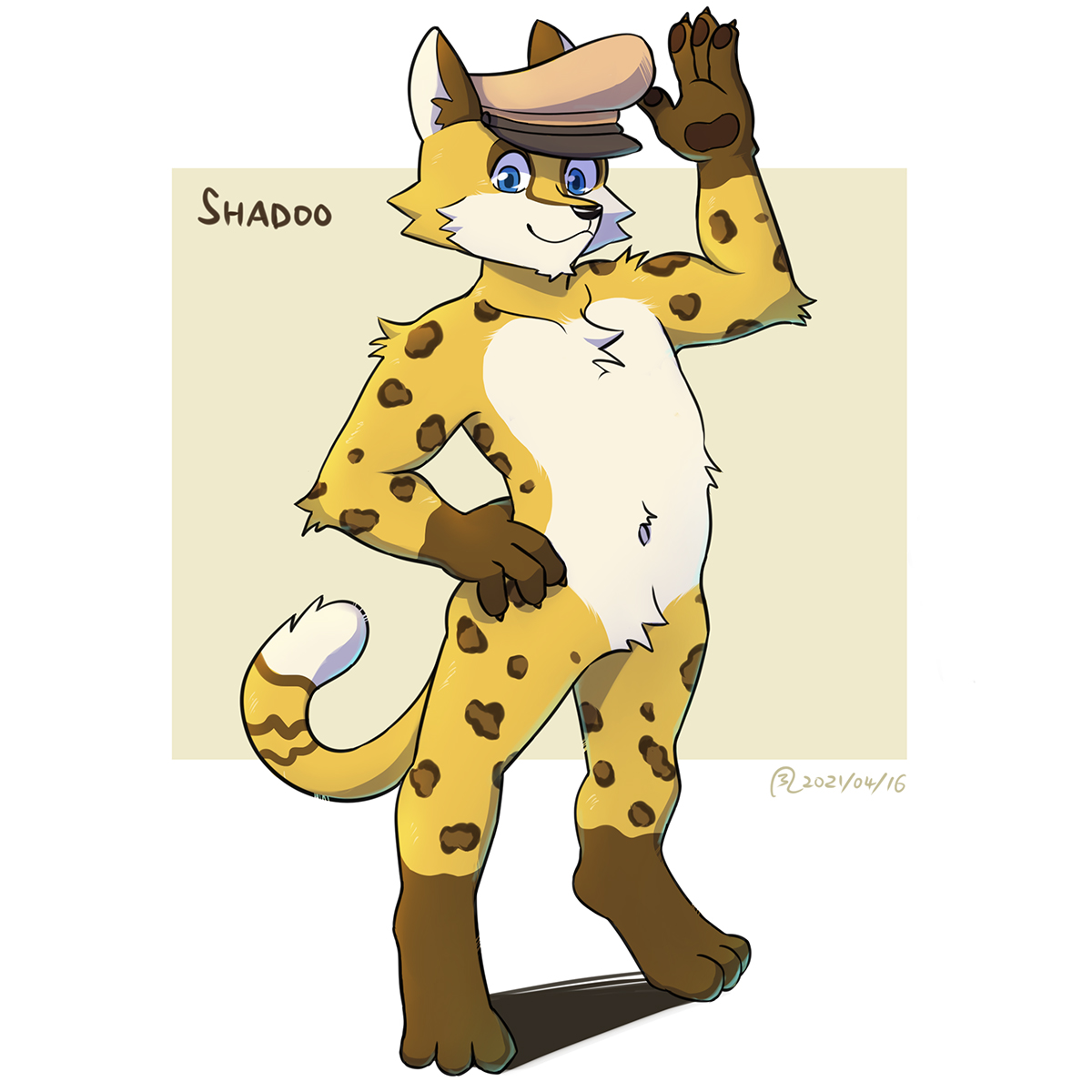 Shadoo, an anthropomorphic character based on leopard cat, created by @ShadooLang on Twitter.