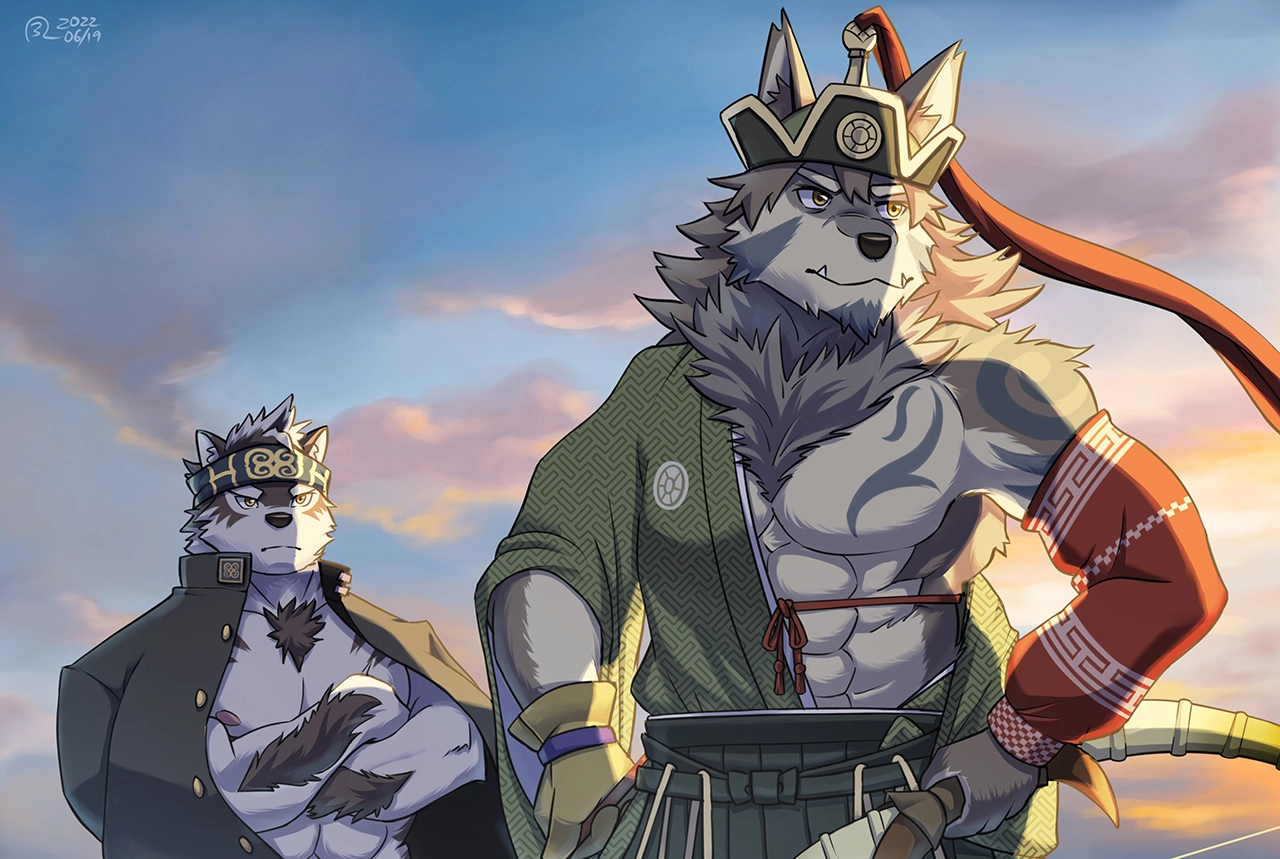 Temujin and Horkeu Kamui, both anthropomorphic character in Lifewonders&rsquo; &ldquo;Tokyo Afterschool Summoners&rdquo;, are seen gazing at one direction behind the sunrise.