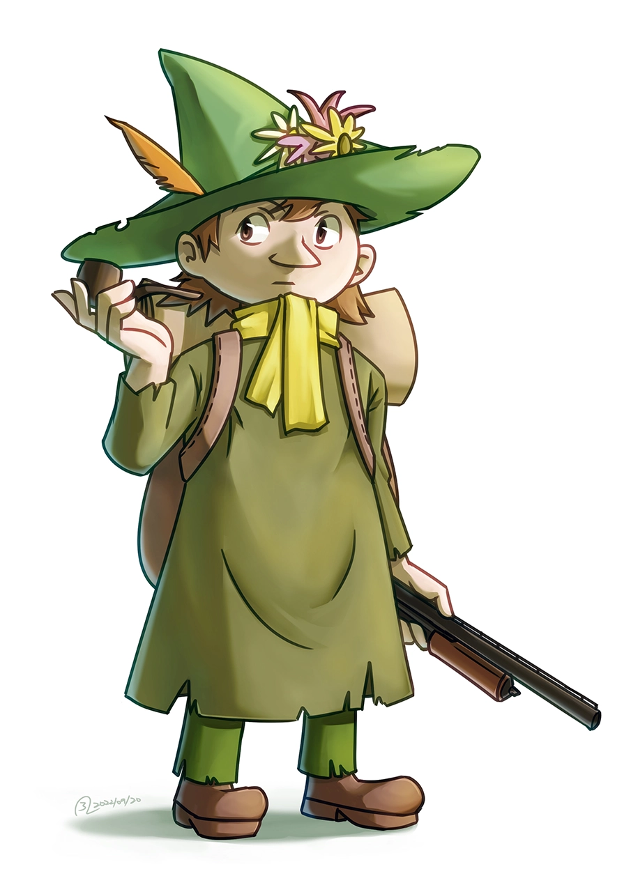 Snufkin, a character in the Moomin universe, is seen holding a smoking pipe and a shotgun.