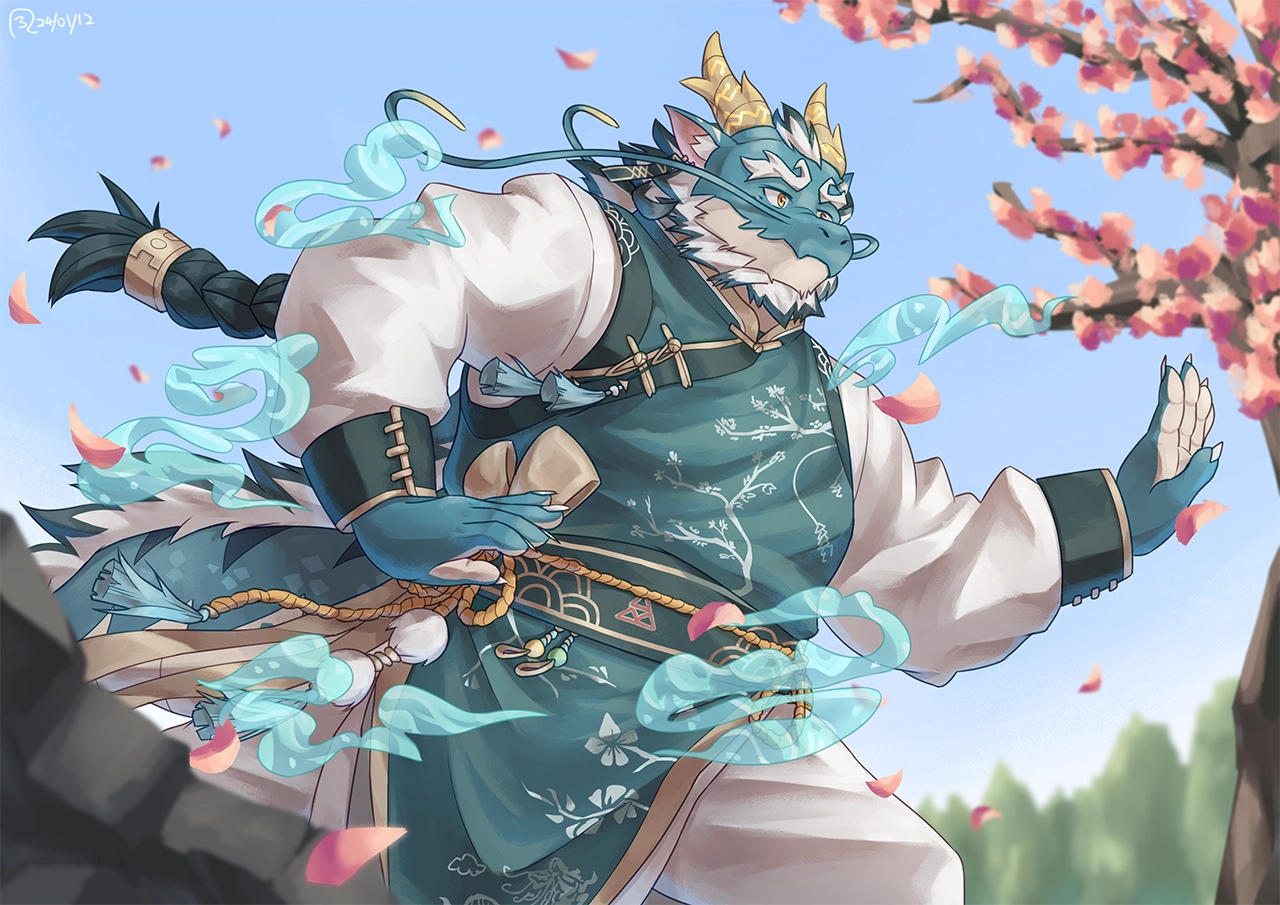 Qinglong, an anthropomorphic character in Lifewonders’ “Tokyo Afterschool Summoners”, is doing a martial arts move at an open space with plum blossom trees around.