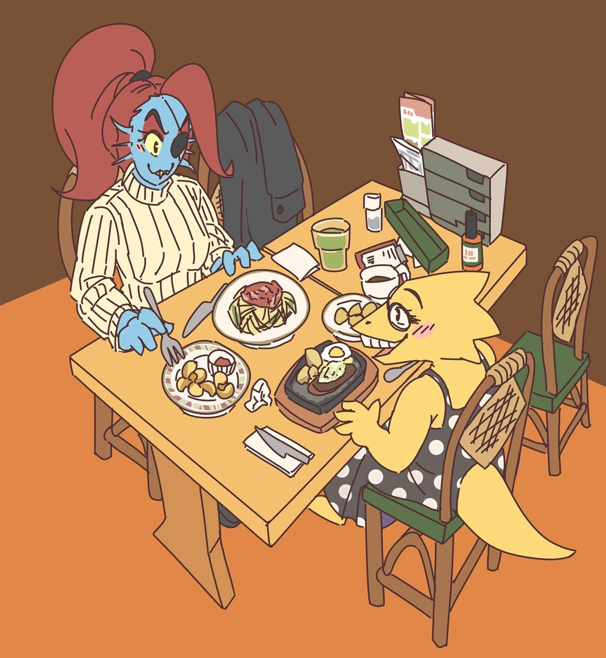 Undyne and Alphys, two anthropomorphic characters featured in the video game UNDERTALE, are seen having meal in a Saizeriya-inspired restaurant.