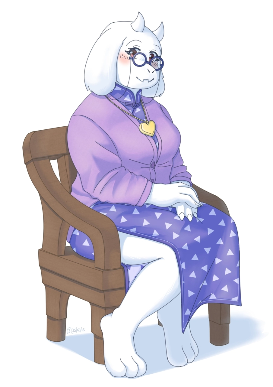 Toriel, an anthropomorphic character featured in the video game Deltarune, dressed in a grey cardigan over a purple cheongsam (or Chinese dress), is seen sitting on a wooden chair.