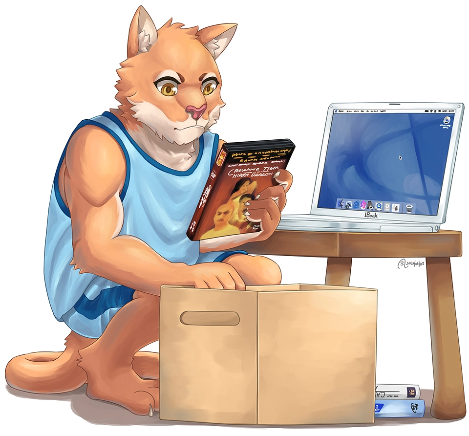 An anthropomorphic puma is squatting beside a second-generation Apple iBook G3, organising things in a cardboard box, with a DVD box of movie ‘Crouching Tiger, Hidden Dragon’ in hand.