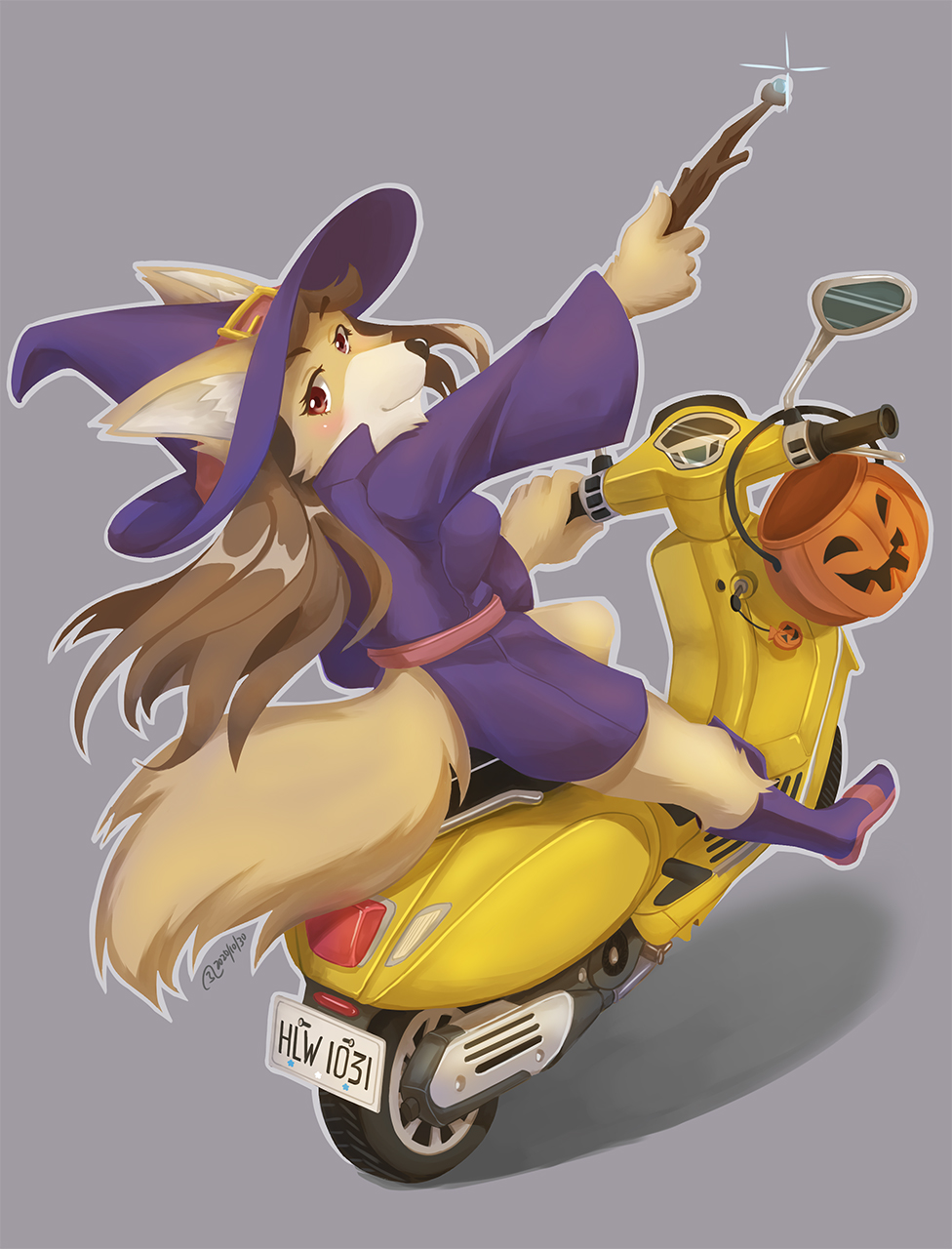 An anthropomorphic fox witch is riding a Vespa LX with a tree branch stick acting as a magic vand.