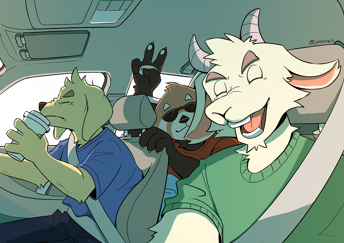 Three anthropomorphic characters of dog, goat and a red panda is taking a selfie inside a car.