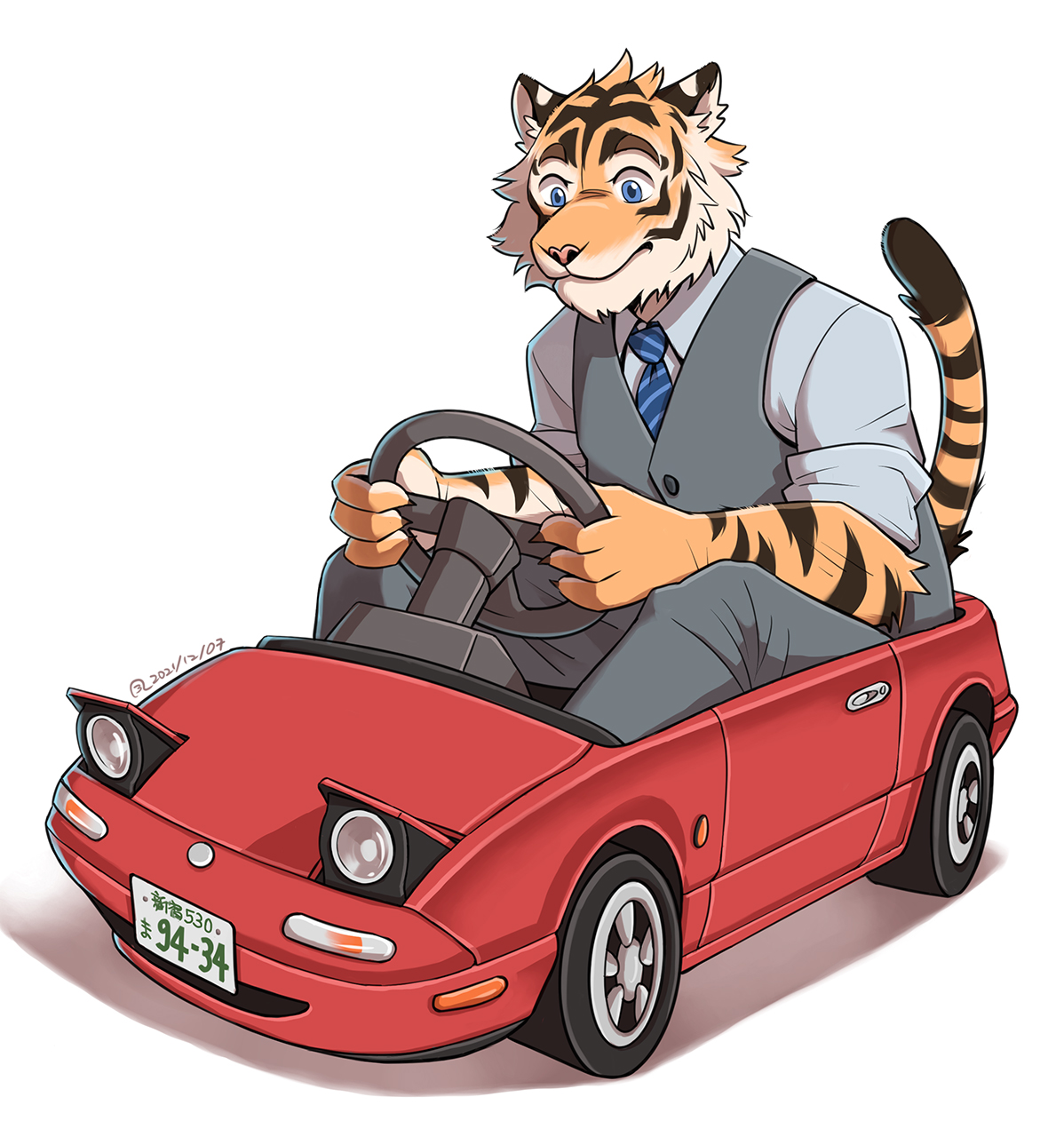An anthropomorphic tiger is riding a toy car of a red Mazda MX-5 NA.