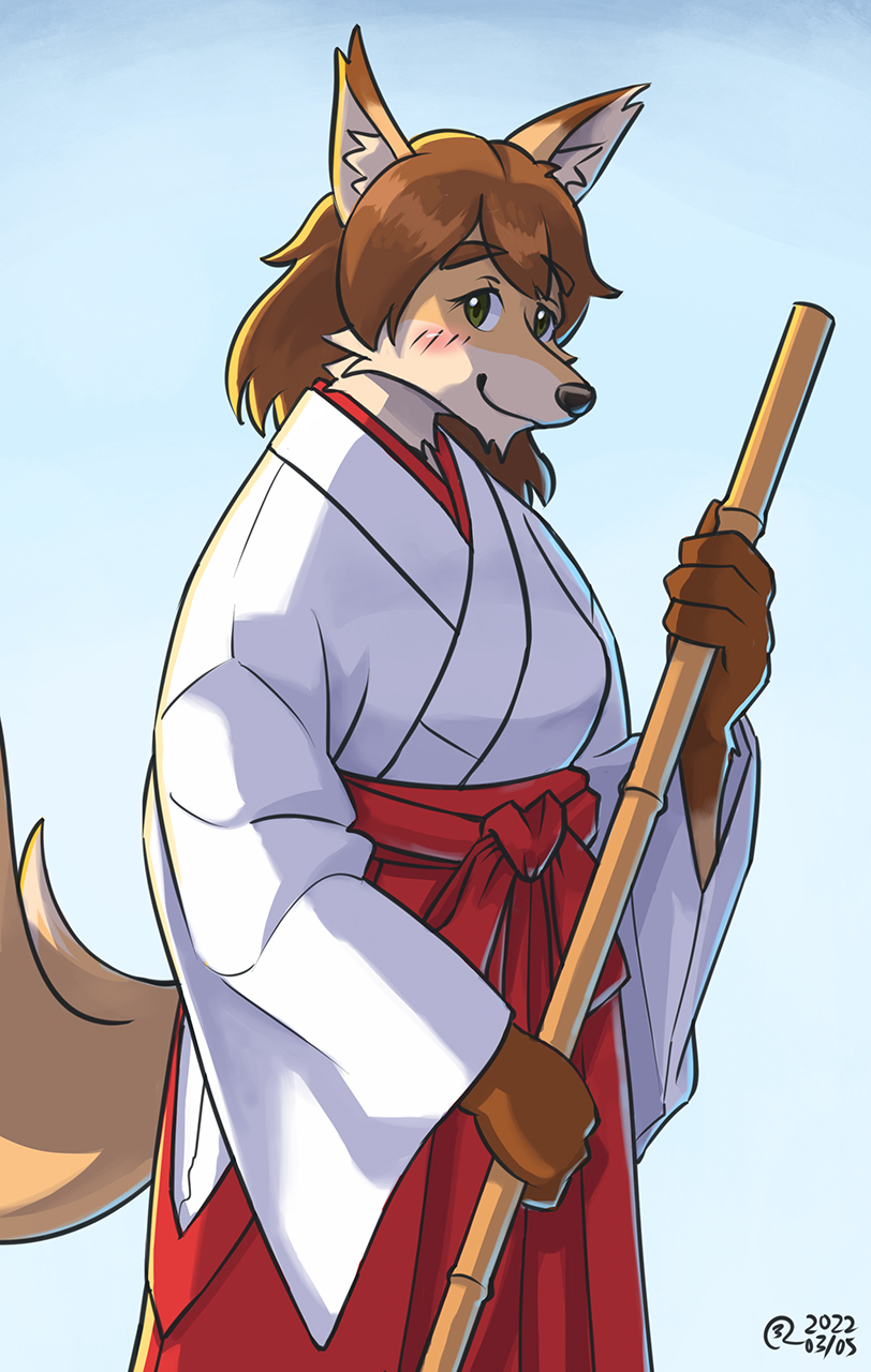 An anthropomorphic Japanese shrine maiden fox holding a broom.