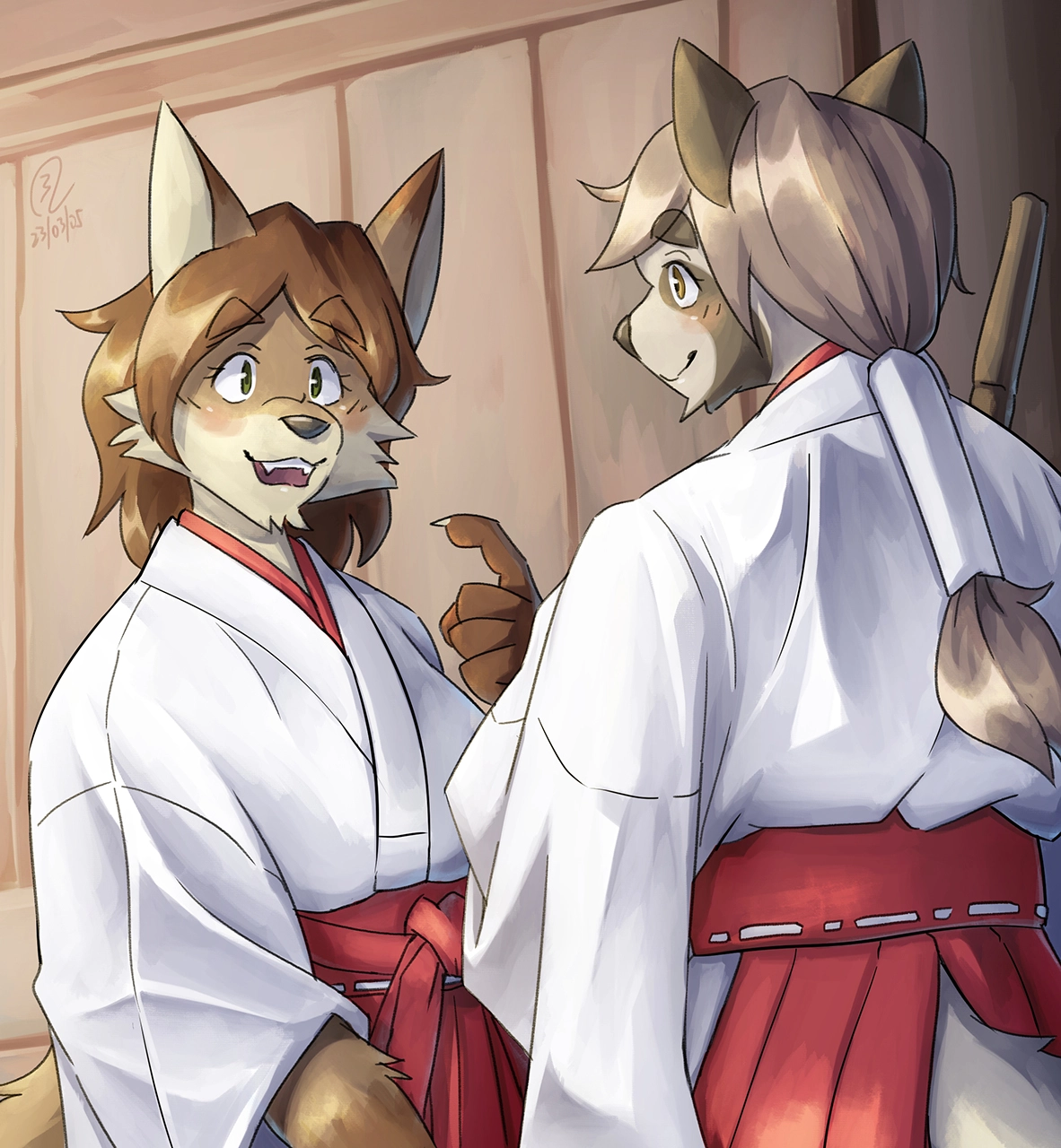 An anthropomorphic fox and an anthropomorphic Japanese raccoon dog shrine maidens are having a chat while performing duties in a Shinto shrine.