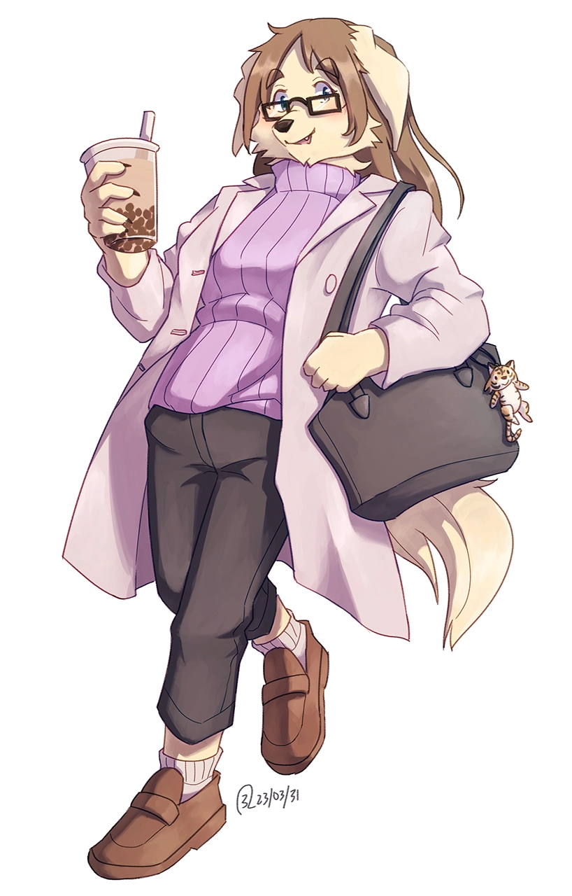 An anthropomorphic golden retriever holding a cup of bubble tea and carrying a handbag with a miniature tiger plush toy hanging on that.