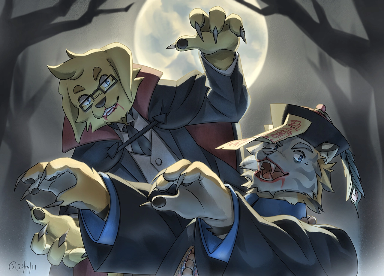 An anthropomorphic golden retriever and an anthropomorphic tiger are roleplaying their characters of vampires, in both Western and Chinese variants, while anticipating the arrival of Halloween.