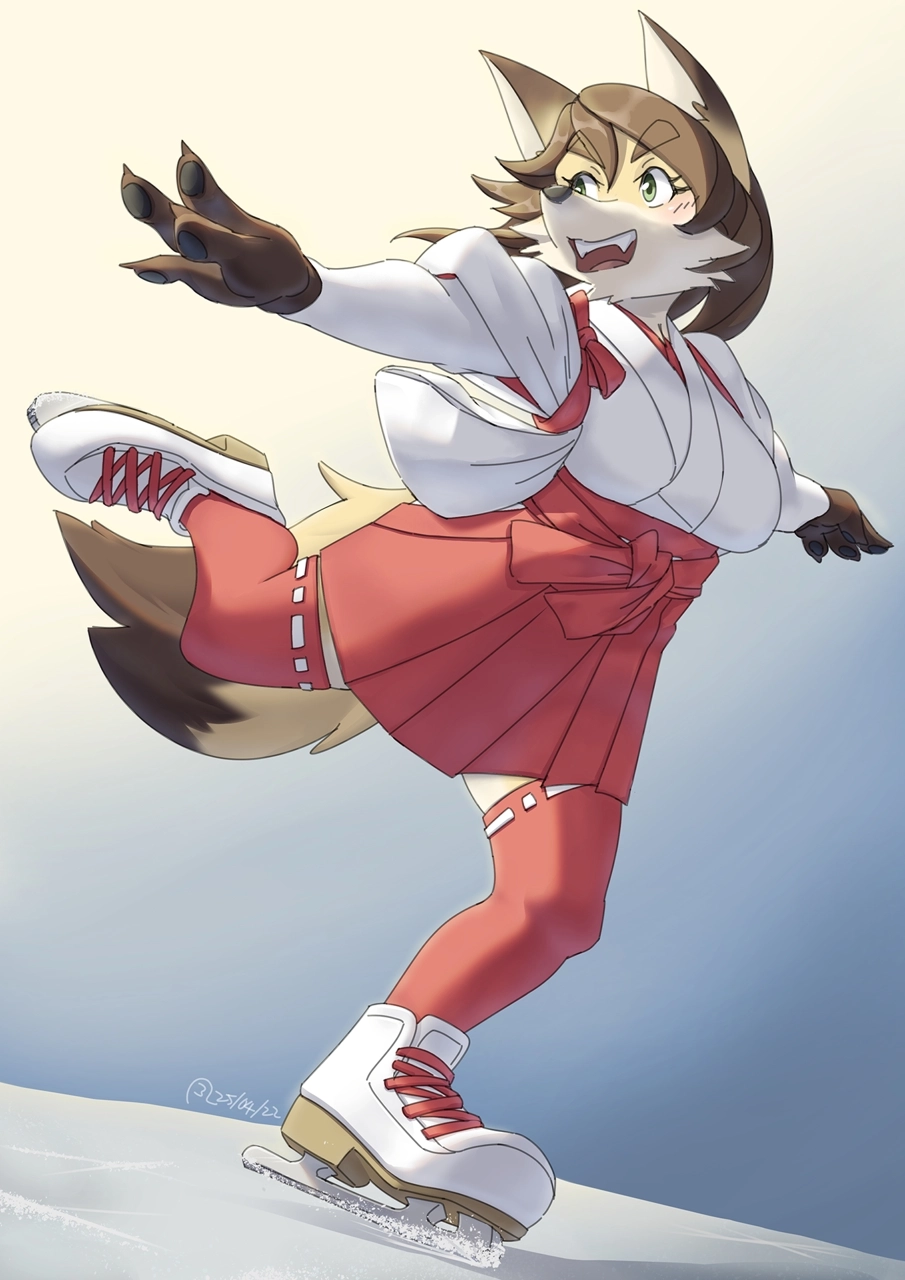 An anthropomorphic fox figure skater, dressed in a costume inspired by Japanese Shinto shrine maiden, is seen skating on a place that looks like an ice skating rink.